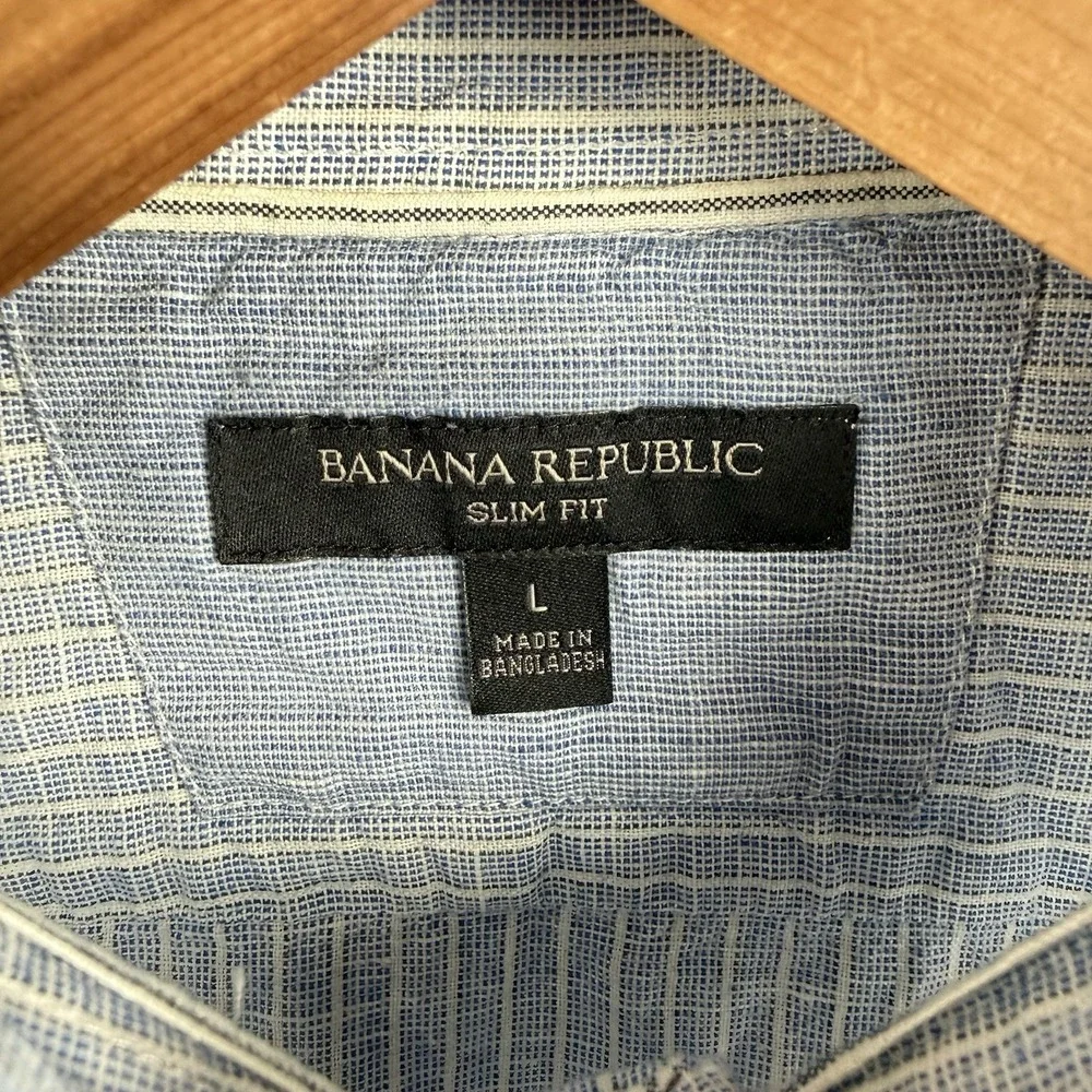 Banana Republic Shirt Mens L Slim Fit Blue Pinstripe L/S Button Up Linen Cotton